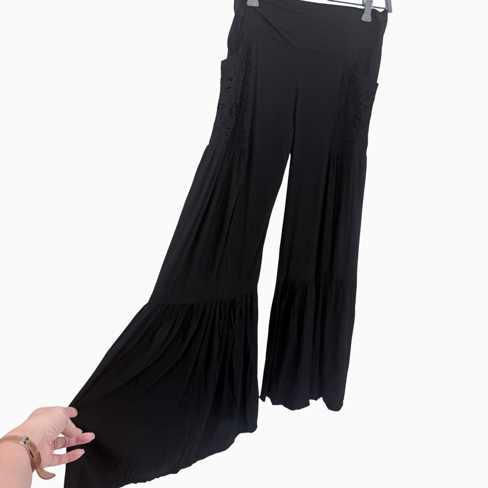 Bali Queen Black Lace Crochet Pocket Wide Leg Tiered Ruffle Pants M/L Boho